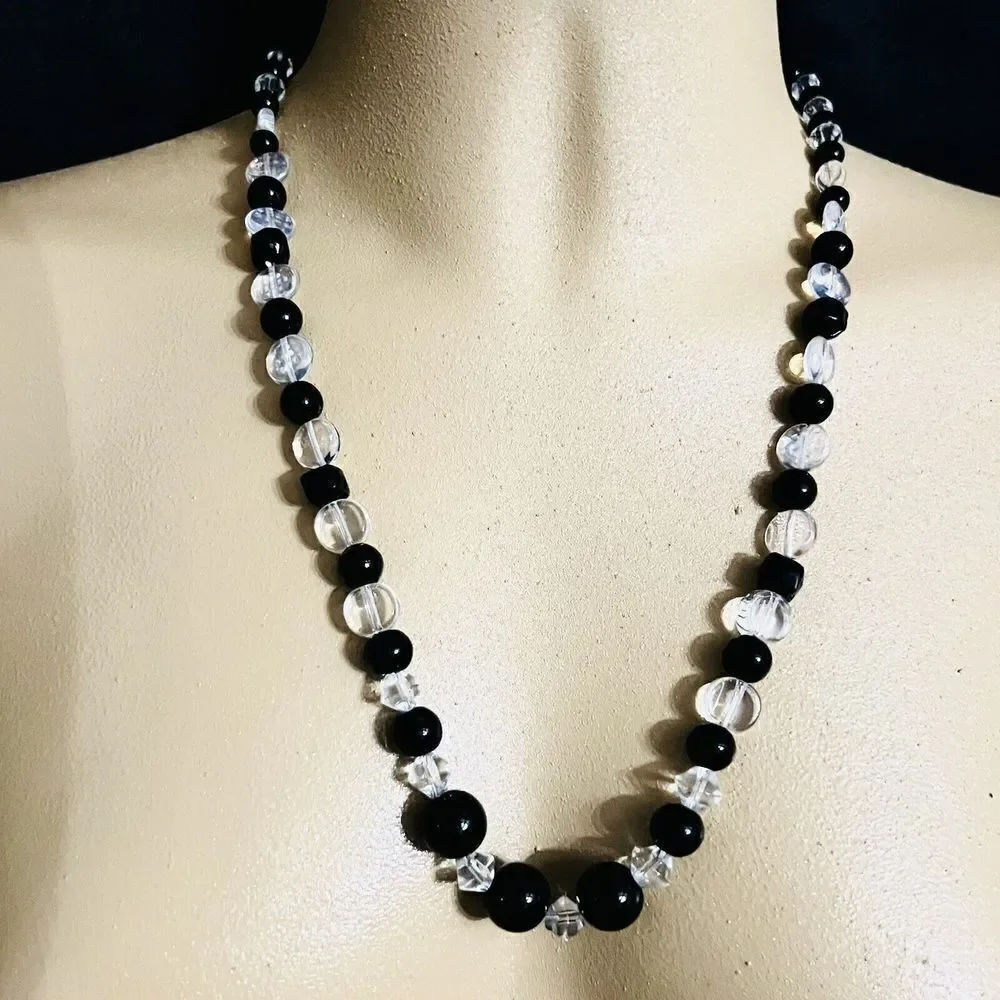 Vintage Clear Black Beads Beaded Necklace Confetti Flat Beads Barrel Clasp  4166